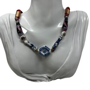 Handmade Boho‎ Necklace Assorted Beads Blue White Orange Red